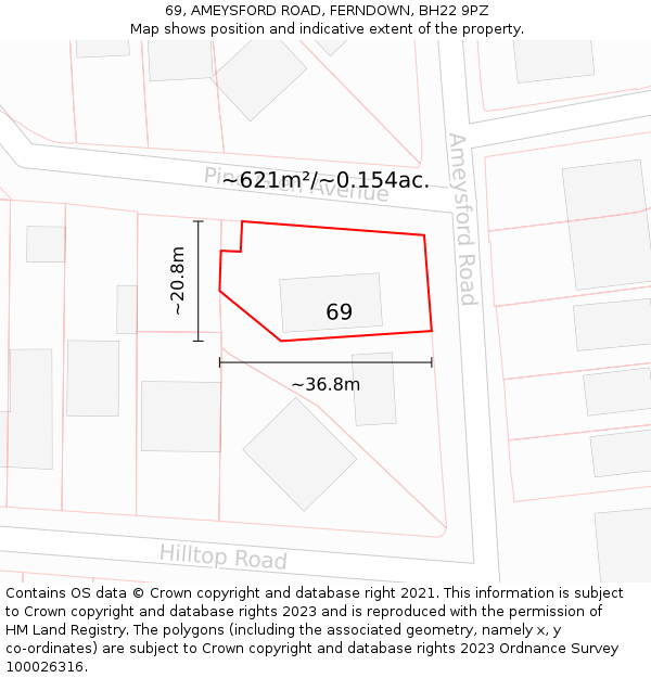 69, AMEYSFORD ROAD, FERNDOWN, BH22 9PZ: Plot and title map