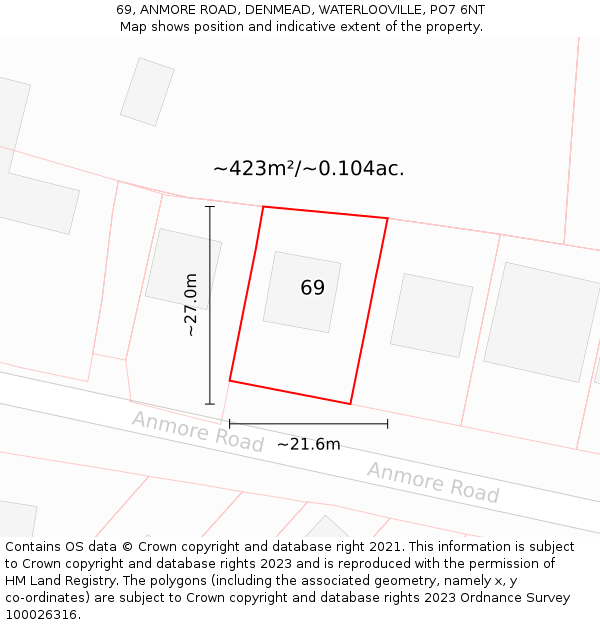 69, ANMORE ROAD, DENMEAD, WATERLOOVILLE, PO7 6NT: Plot and title map