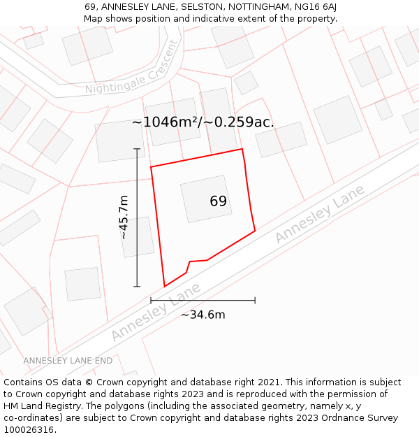 69, ANNESLEY LANE, SELSTON, NOTTINGHAM, NG16 6AJ: Plot and title map