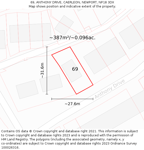 69, ANTHONY DRIVE, CAERLEON, NEWPORT, NP18 3DX: Plot and title map