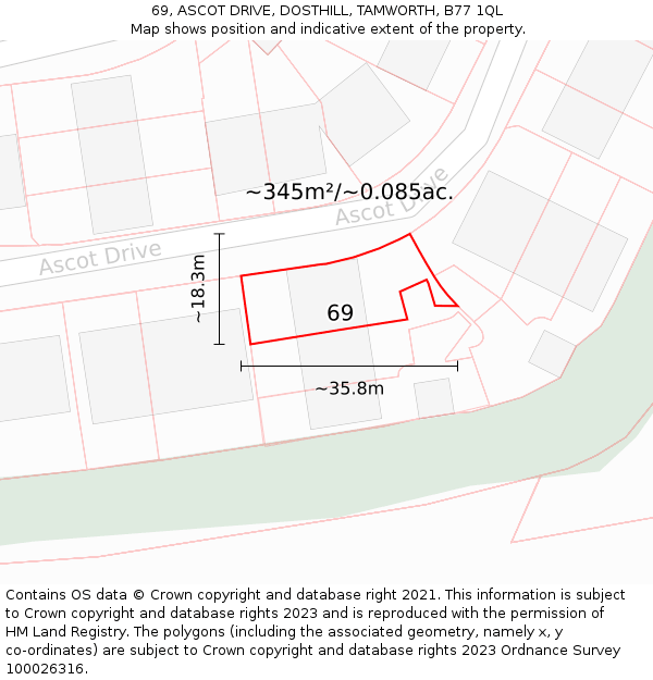 69, ASCOT DRIVE, DOSTHILL, TAMWORTH, B77 1QL: Plot and title map