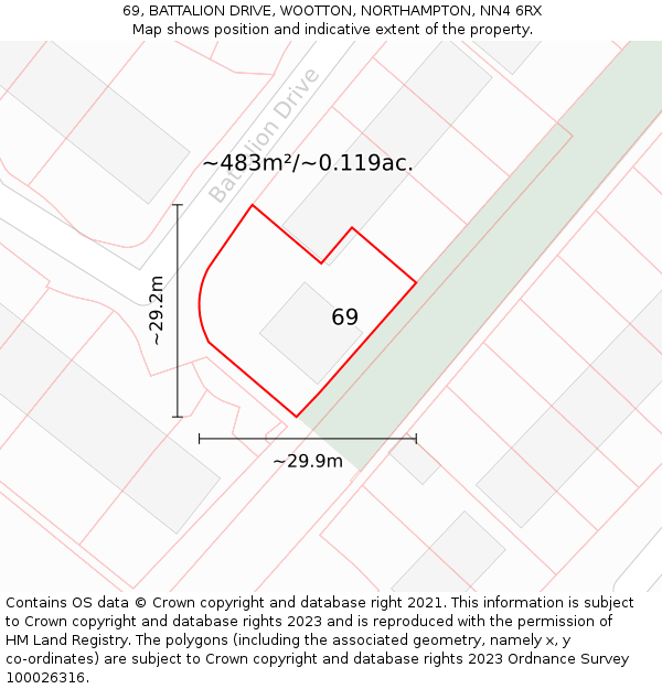 69, BATTALION DRIVE, WOOTTON, NORTHAMPTON, NN4 6RX: Plot and title map