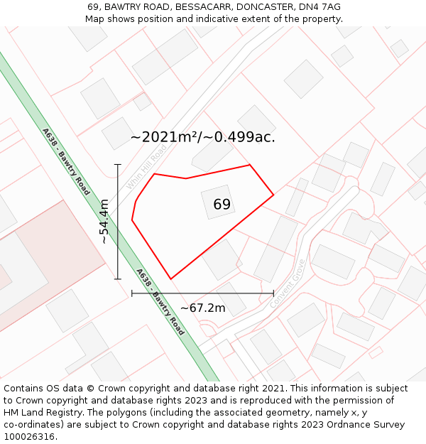 69, BAWTRY ROAD, BESSACARR, DONCASTER, DN4 7AG: Plot and title map