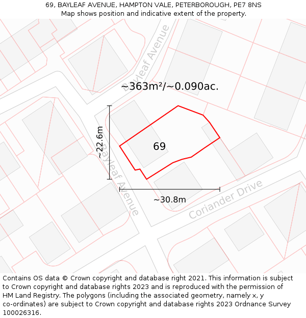 69, BAYLEAF AVENUE, HAMPTON VALE, PETERBOROUGH, PE7 8NS: Plot and title map