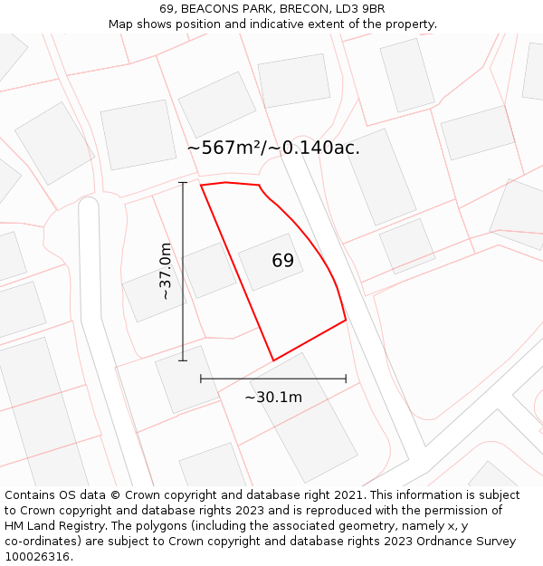 69, BEACONS PARK, BRECON, LD3 9BR: Plot and title map