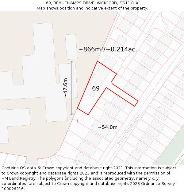69, BEAUCHAMPS DRIVE, WICKFORD, SS11 8LX: Plot and title map