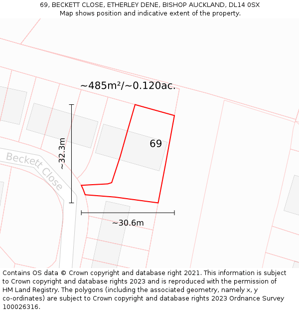 69, BECKETT CLOSE, ETHERLEY DENE, BISHOP AUCKLAND, DL14 0SX: Plot and title map