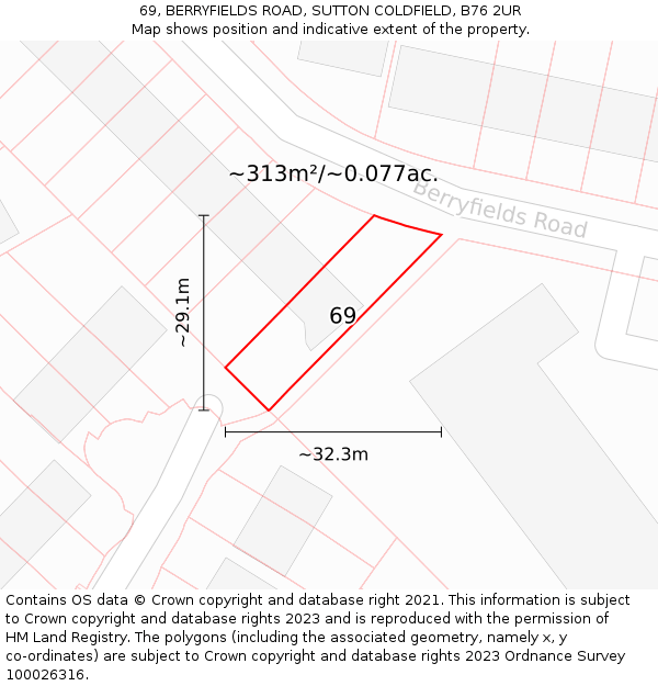 69, BERRYFIELDS ROAD, SUTTON COLDFIELD, B76 2UR: Plot and title map