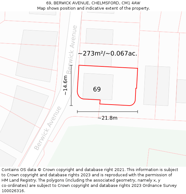 69, BERWICK AVENUE, CHELMSFORD, CM1 4AW: Plot and title map