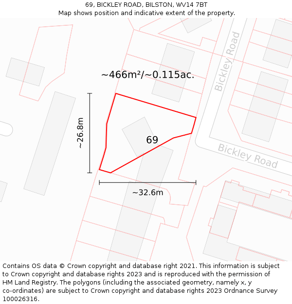 69, BICKLEY ROAD, BILSTON, WV14 7BT: Plot and title map