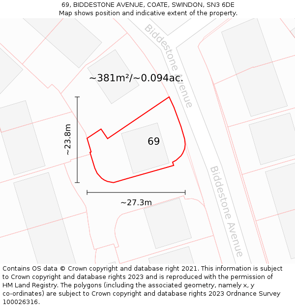 69, BIDDESTONE AVENUE, COATE, SWINDON, SN3 6DE: Plot and title map