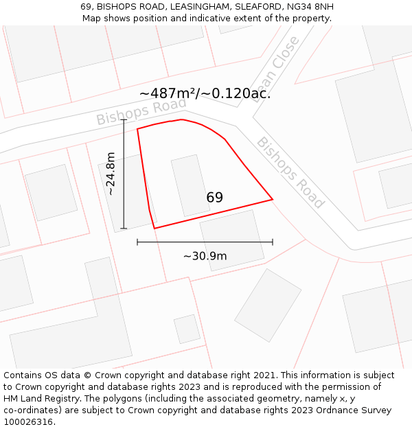 69, BISHOPS ROAD, LEASINGHAM, SLEAFORD, NG34 8NH: Plot and title map