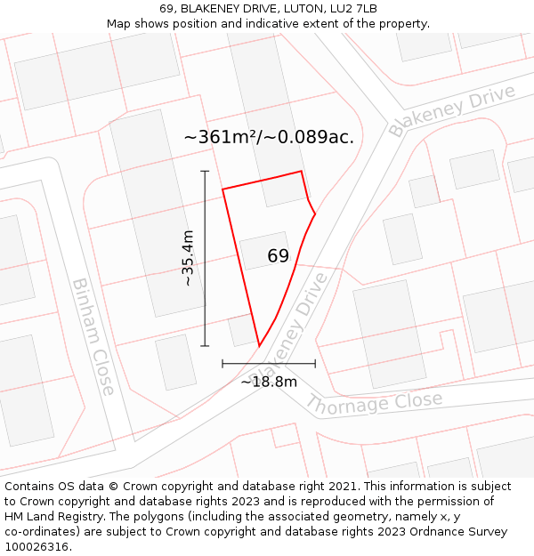 69, BLAKENEY DRIVE, LUTON, LU2 7LB: Plot and title map