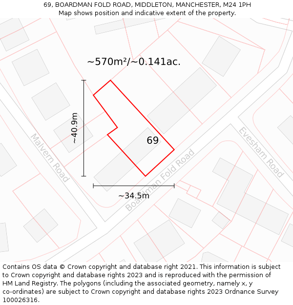 69, BOARDMAN FOLD ROAD, MIDDLETON, MANCHESTER, M24 1PH: Plot and title map