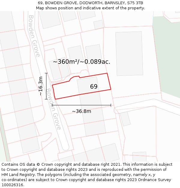 69, BOWDEN GROVE, DODWORTH, BARNSLEY, S75 3TB: Plot and title map