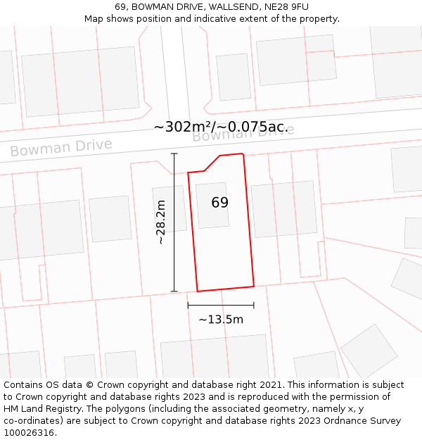 69, BOWMAN DRIVE, WALLSEND, NE28 9FU: Plot and title map