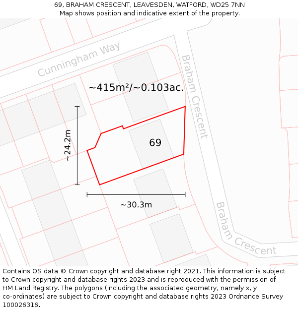 69, BRAHAM CRESCENT, LEAVESDEN, WATFORD, WD25 7NN: Plot and title map