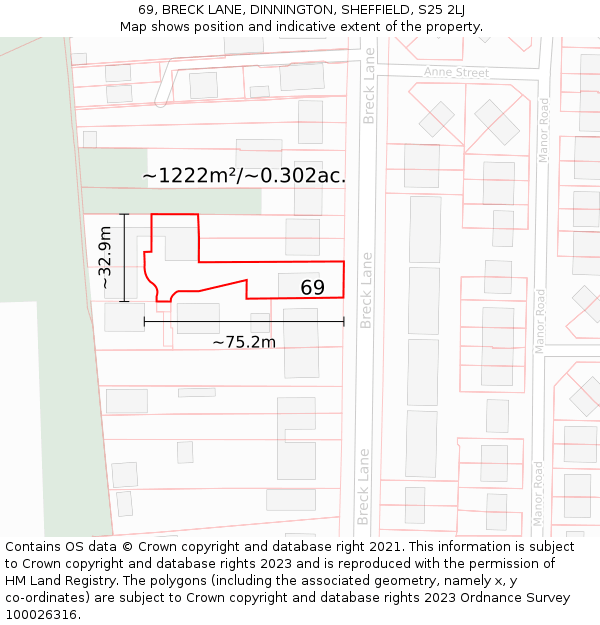 69, BRECK LANE, DINNINGTON, SHEFFIELD, S25 2LJ: Plot and title map