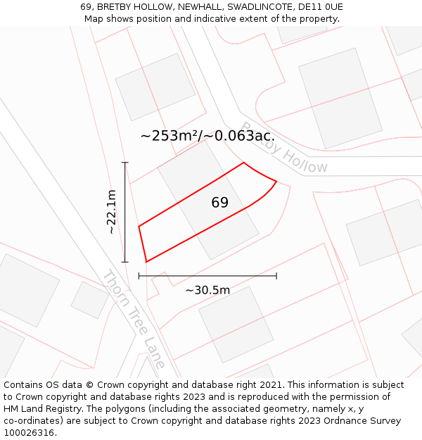 69, BRETBY HOLLOW, NEWHALL, SWADLINCOTE, DE11 0UE: Plot and title map