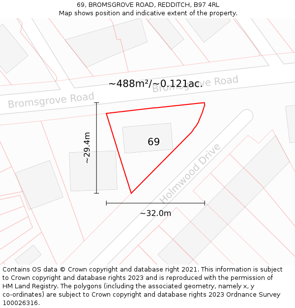69, BROMSGROVE ROAD, REDDITCH, B97 4RL: Plot and title map