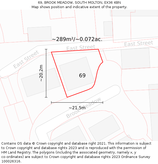 69, BROOK MEADOW, SOUTH MOLTON, EX36 4BN: Plot and title map