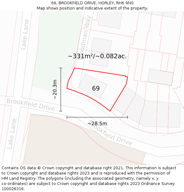 69, BROOKFIELD DRIVE, HORLEY, RH6 9NS: Plot and title map