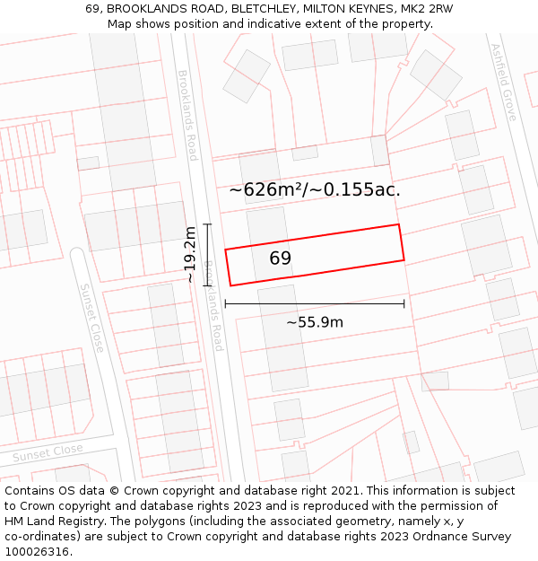 69, BROOKLANDS ROAD, BLETCHLEY, MILTON KEYNES, MK2 2RW: Plot and title map