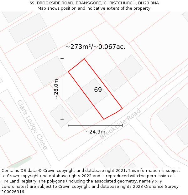69, BROOKSIDE ROAD, BRANSGORE, CHRISTCHURCH, BH23 8NA: Plot and title map