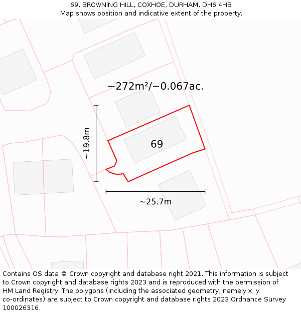69, BROWNING HILL, COXHOE, DURHAM, DH6 4HB: Plot and title map
