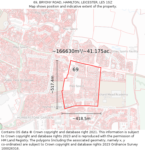 69, BRYONY ROAD, HAMILTON, LEICESTER, LE5 1SZ: Plot and title map