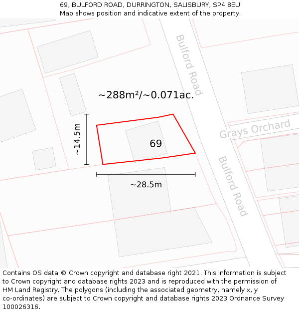 69, BULFORD ROAD, DURRINGTON, SALISBURY, SP4 8EU: Plot and title map