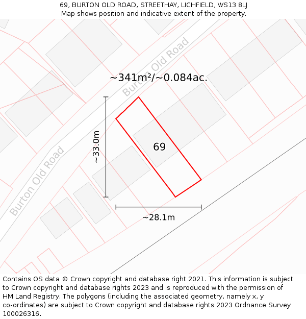 69, BURTON OLD ROAD, STREETHAY, LICHFIELD, WS13 8LJ: Plot and title map