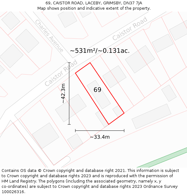 69, CAISTOR ROAD, LACEBY, GRIMSBY, DN37 7JA: Plot and title map