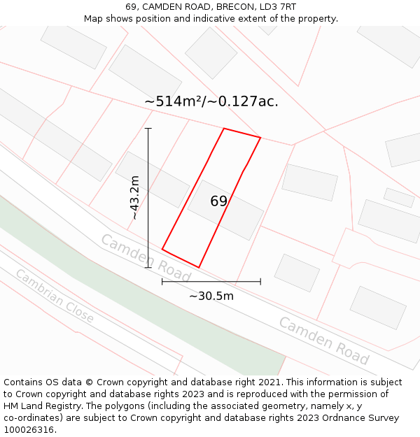 69, CAMDEN ROAD, BRECON, LD3 7RT: Plot and title map