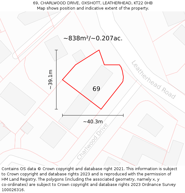 69, CHARLWOOD DRIVE, OXSHOTT, LEATHERHEAD, KT22 0HB: Plot and title map