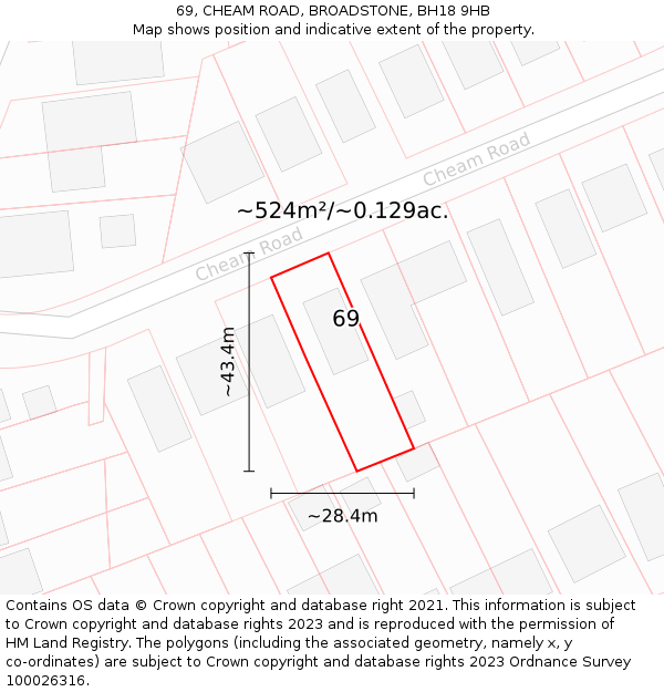 69, CHEAM ROAD, BROADSTONE, BH18 9HB: Plot and title map