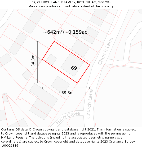 69, CHURCH LANE, BRAMLEY, ROTHERHAM, S66 2RU: Plot and title map