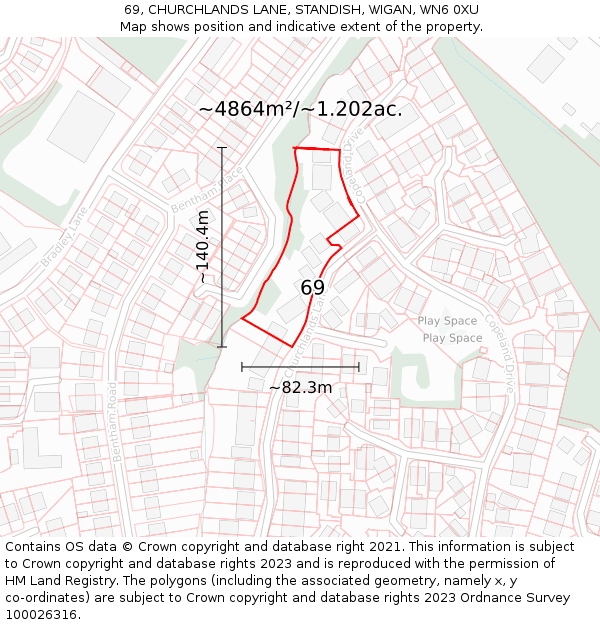 69, CHURCHLANDS LANE, STANDISH, WIGAN, WN6 0XU: Plot and title map