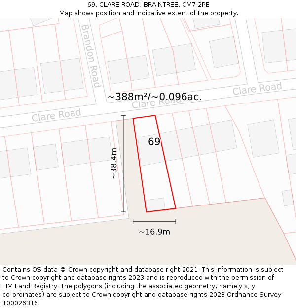 69, CLARE ROAD, BRAINTREE, CM7 2PE: Plot and title map