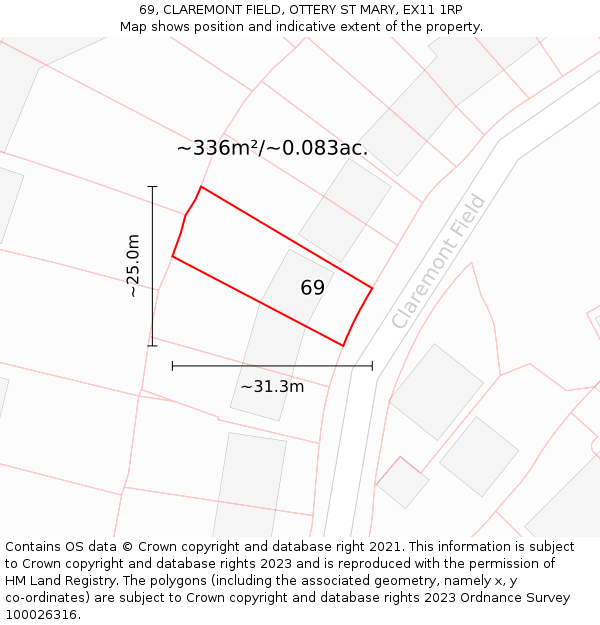 69, CLAREMONT FIELD, OTTERY ST MARY, EX11 1RP: Plot and title map
