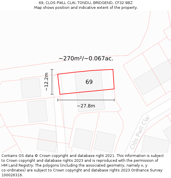 69, CLOS PWLL CLAI, TONDU, BRIDGEND, CF32 9BZ: Plot and title map