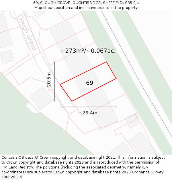 69, CLOUGH GROVE, OUGHTIBRIDGE, SHEFFIELD, S35 0JU: Plot and title map