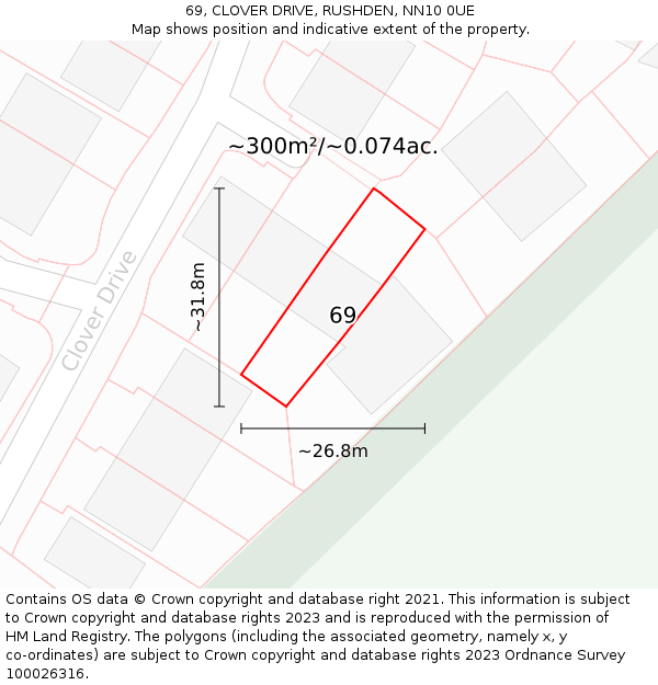 69, CLOVER DRIVE, RUSHDEN, NN10 0UE: Plot and title map