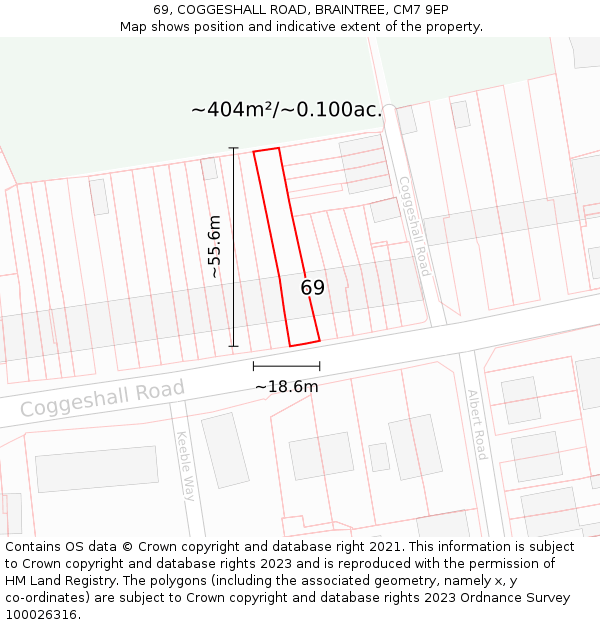 69, COGGESHALL ROAD, BRAINTREE, CM7 9EP: Plot and title map