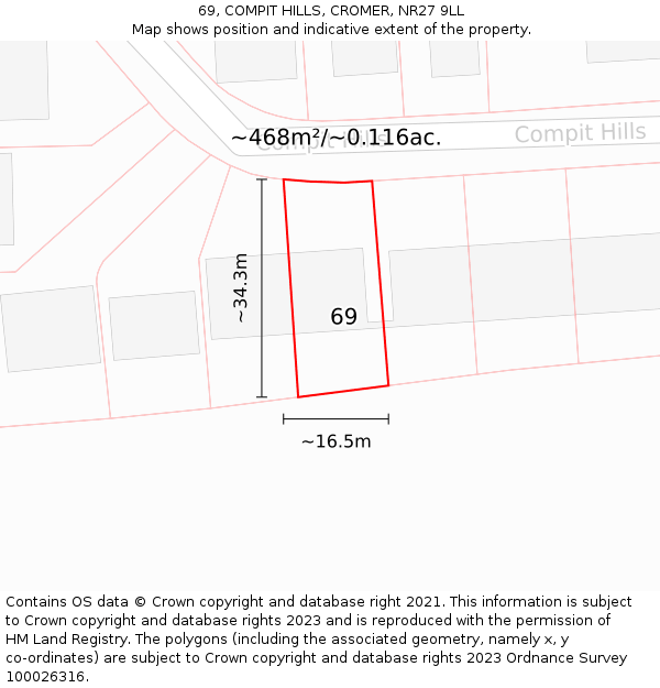 69, COMPIT HILLS, CROMER, NR27 9LL: Plot and title map
