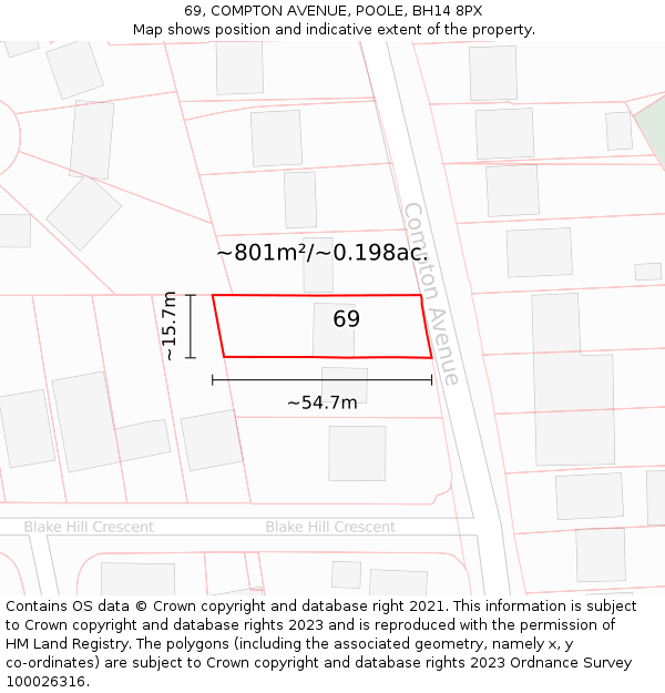 69, COMPTON AVENUE, POOLE, BH14 8PX: Plot and title map