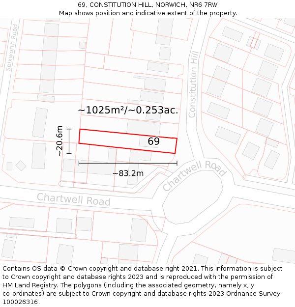 69, CONSTITUTION HILL, NORWICH, NR6 7RW: Plot and title map