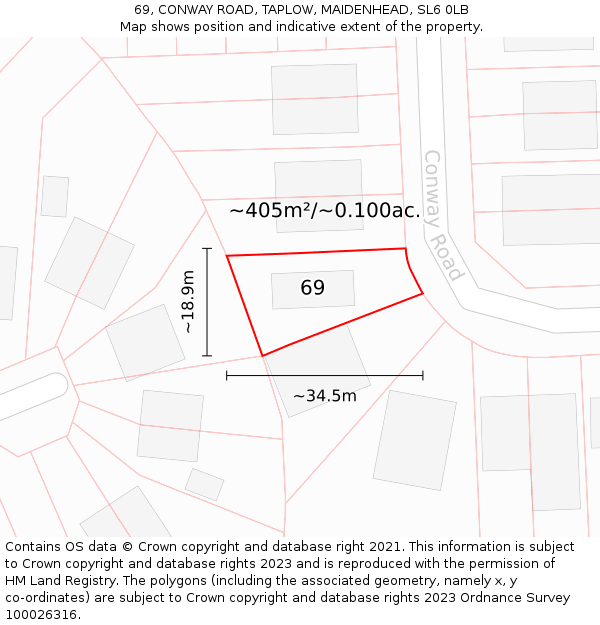 69, CONWAY ROAD, TAPLOW, MAIDENHEAD, SL6 0LB: Plot and title map