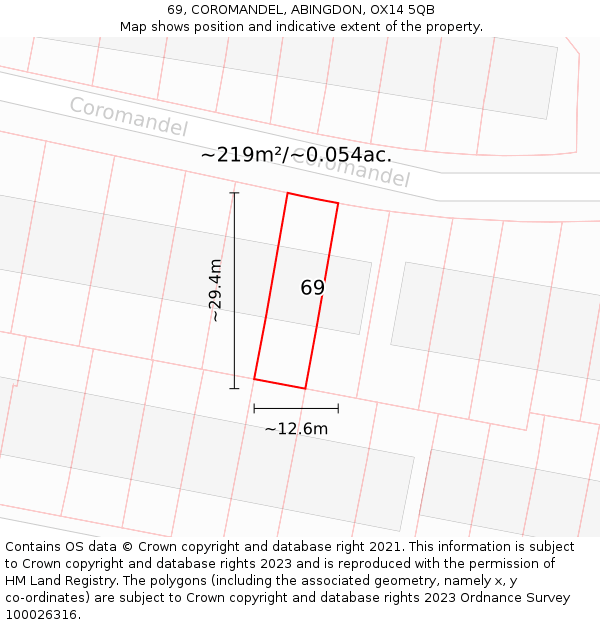 69, COROMANDEL, ABINGDON, OX14 5QB: Plot and title map