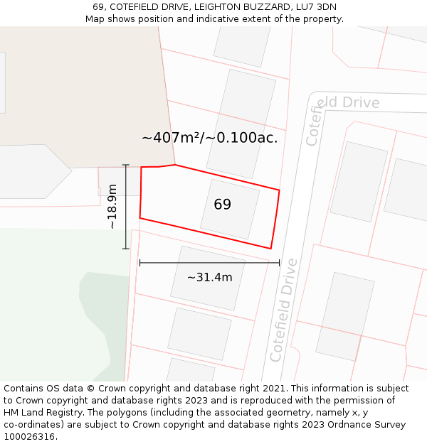 69, COTEFIELD DRIVE, LEIGHTON BUZZARD, LU7 3DN: Plot and title map